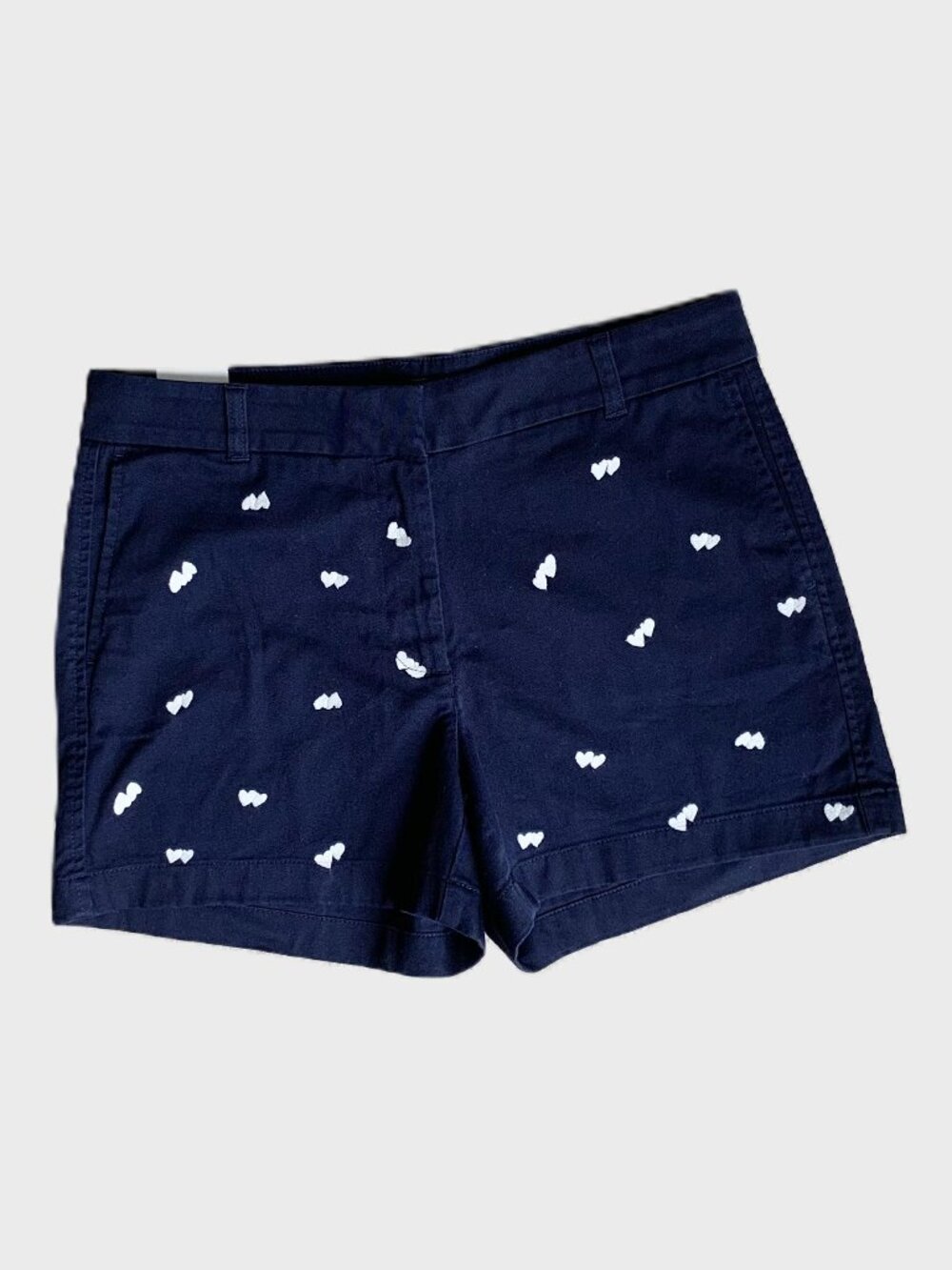 NWT J. Crew 4” Stretch Chino Embroidered Hearts Short, Navy/White, Size 6
